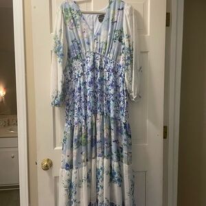 Madison Floral Tiered Maxi Dress in Light Blue, White and Green